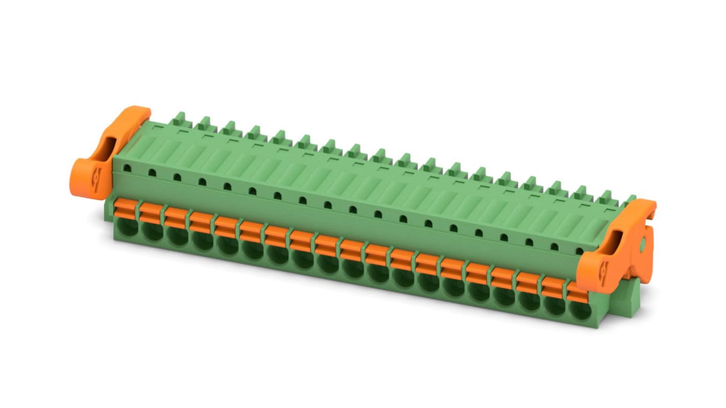 Phoenix Contact, 3.5mm Pitch, FK-MCP 1.5/19-ST-3.5-LR, 19 Way, , Pluggable Terminal Block, Plug, Cable Mount, Spring