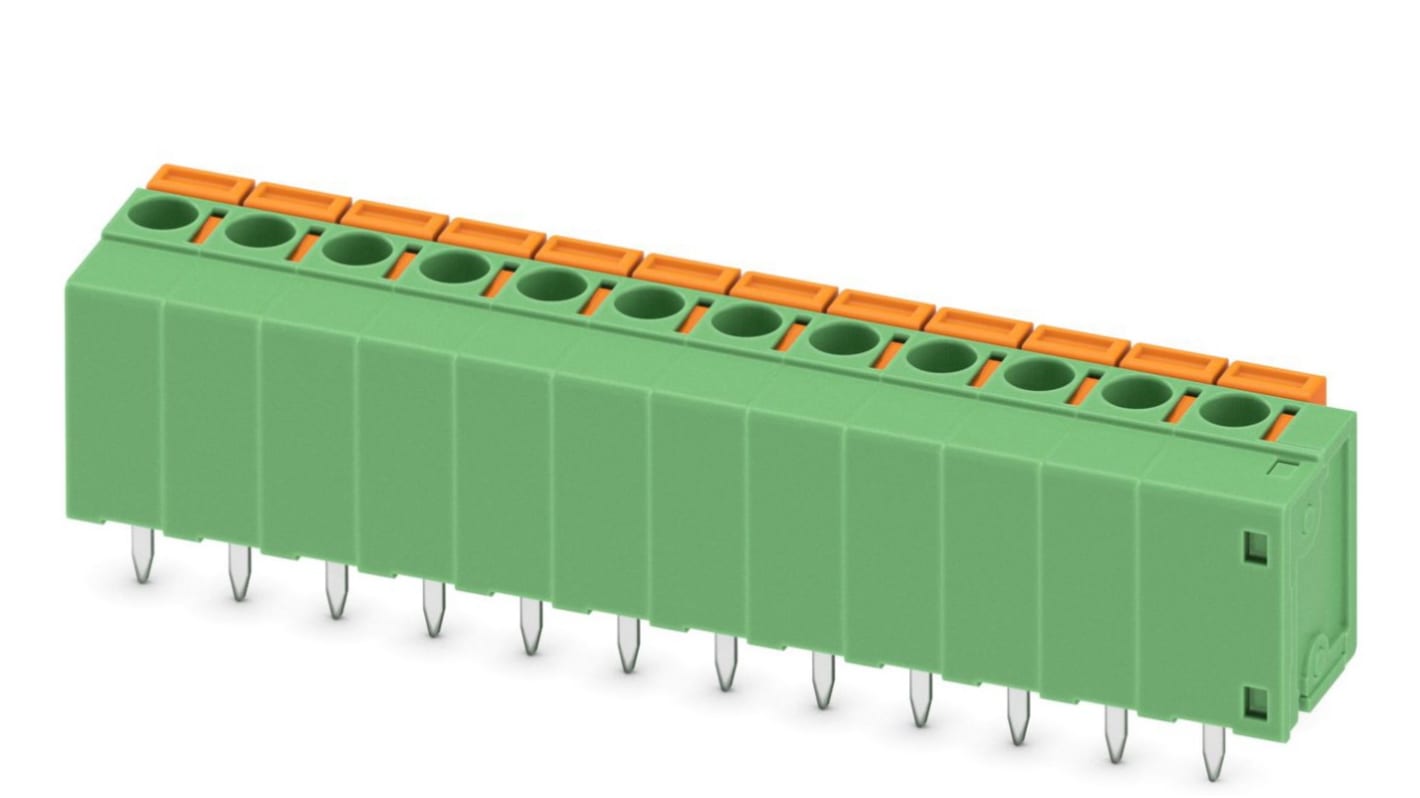 Phoenix Contact PCB端子排, 12p, 5.08mm间距, 15A, 630 V, THT安装, 弹簧架端接, 绿色, FFKDSA1/V1-5.08-12系列