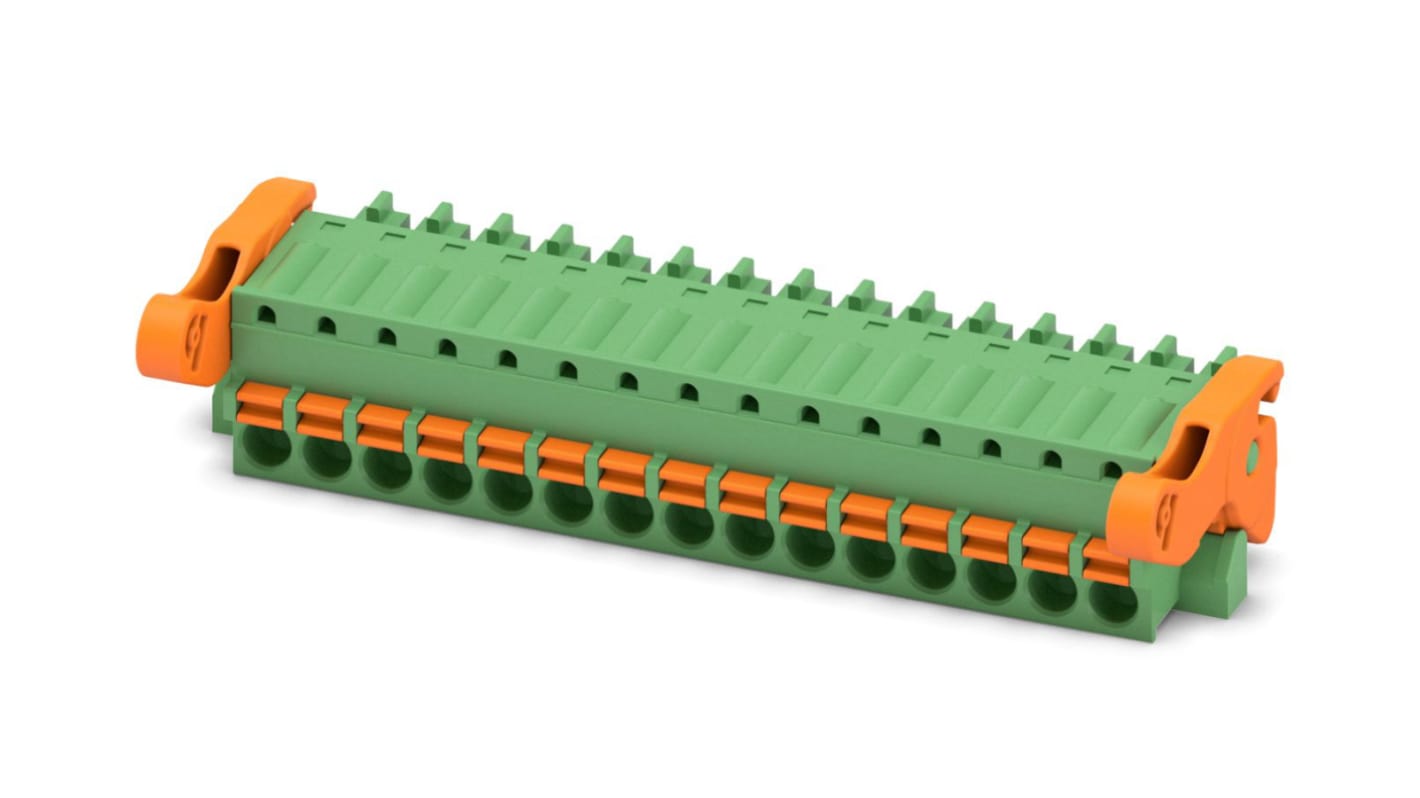 Phoenix Contact, 3.81mm Pitch, FK-MCP 1.5/15-ST-3.81-LR, 15 Way, , Pluggable Terminal Block, Plug, Cable Mount, Spring