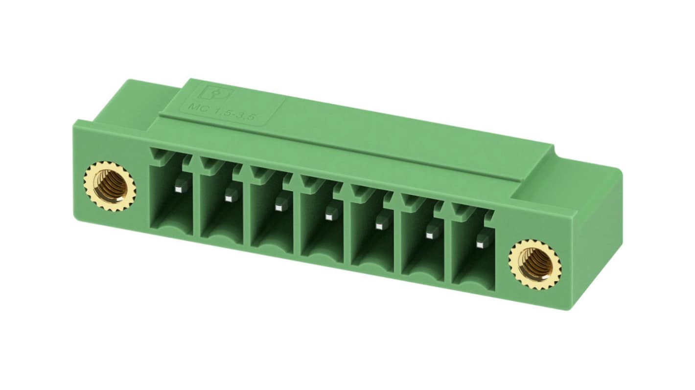 Phoenix Contact, 3.5mm Pitch, MC 1.5/ 7-GF-3.5-LR, 7 Way, Right Angle, Pluggable Terminal Block, Header, Through Hole,