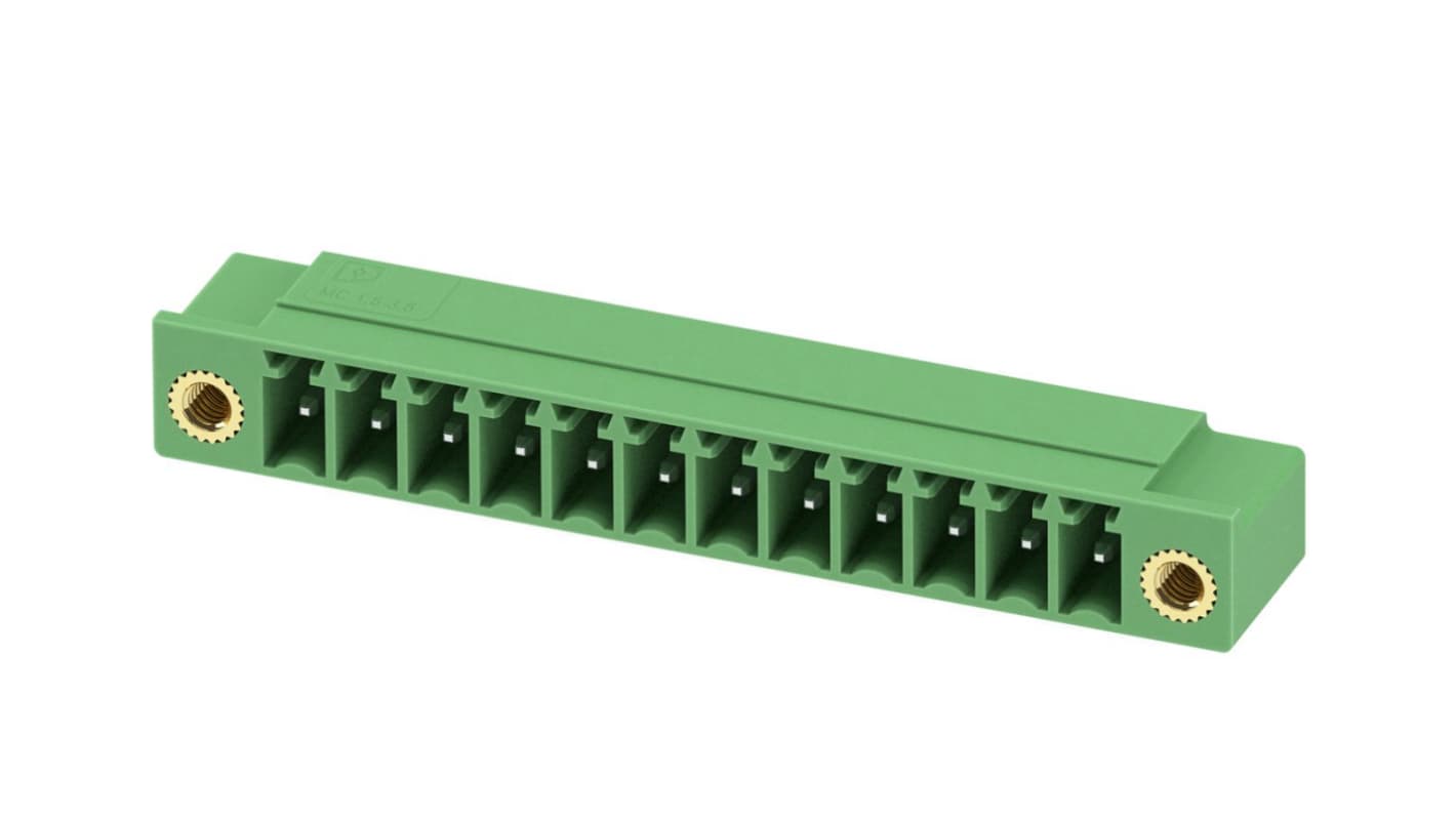 Phoenix Contact, 3.5mm Pitch, MC 1.5/12-GF-3.5-LR, 12 Way, Right Angle, Pluggable Terminal Block, Header, Through Hole,