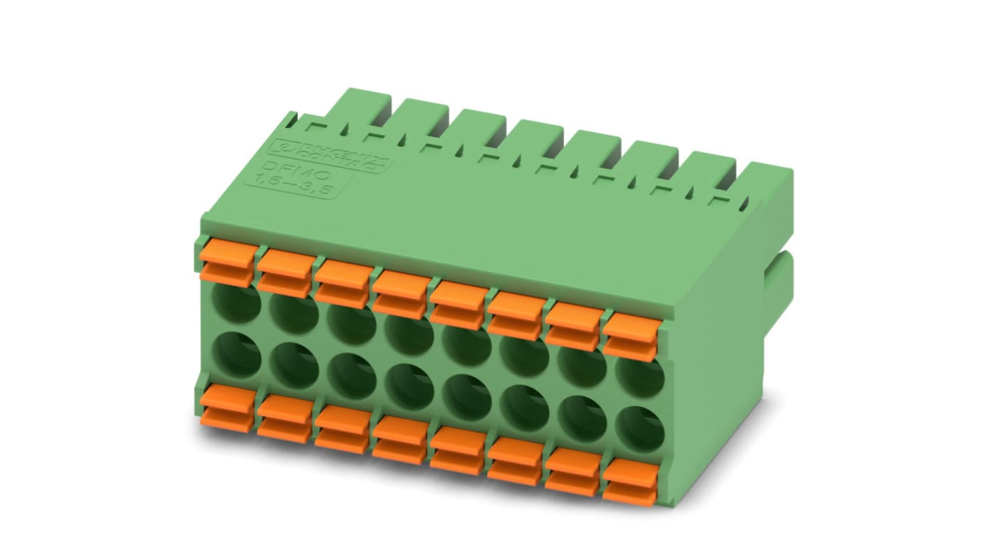 Phoenix Contact, 3.5mm Pitch, DFMC 1.5/ 8-ST-3.5, 16 Way, Pluggable Terminal Block, Plug, Cable Mount, Spring Cage