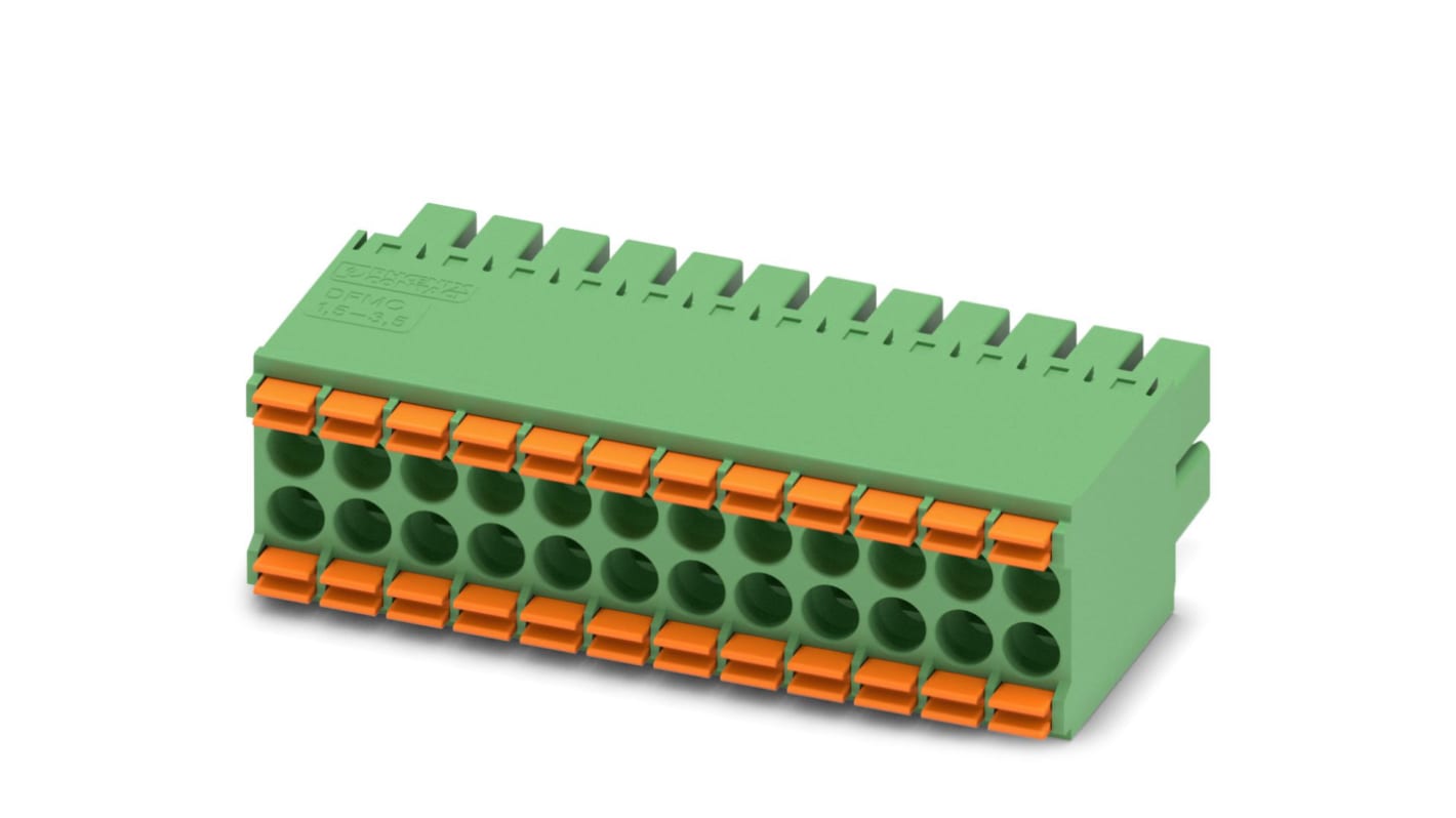 Phoenix Contact, 3.5mm Pitch, DFMC 1.5/12-ST-3.5, 24 Way, Pluggable Terminal Block, Plug, Cable Mount, Spring Cage