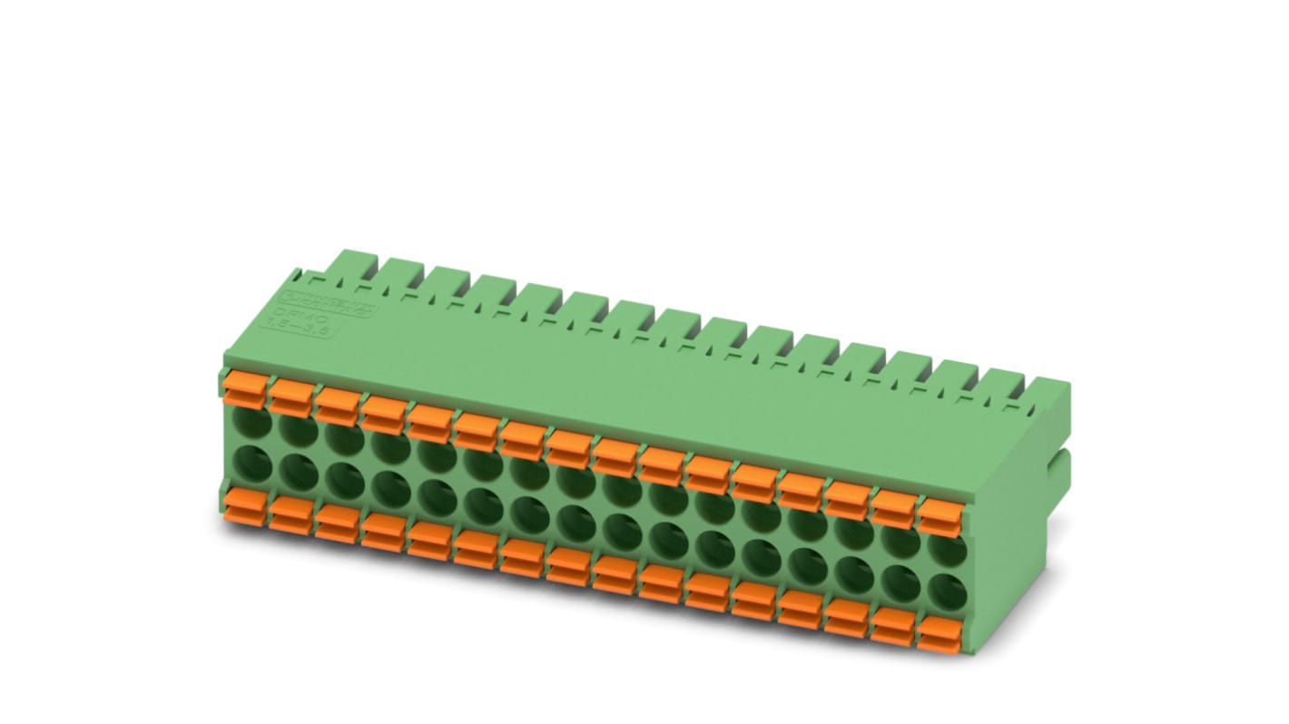 Phoenix Contact, 3.5mm Pitch, DFMC 1.5/16-ST-3.5, 32 Way, Pluggable Terminal Block, Plug, Cable Mount, Spring Cage