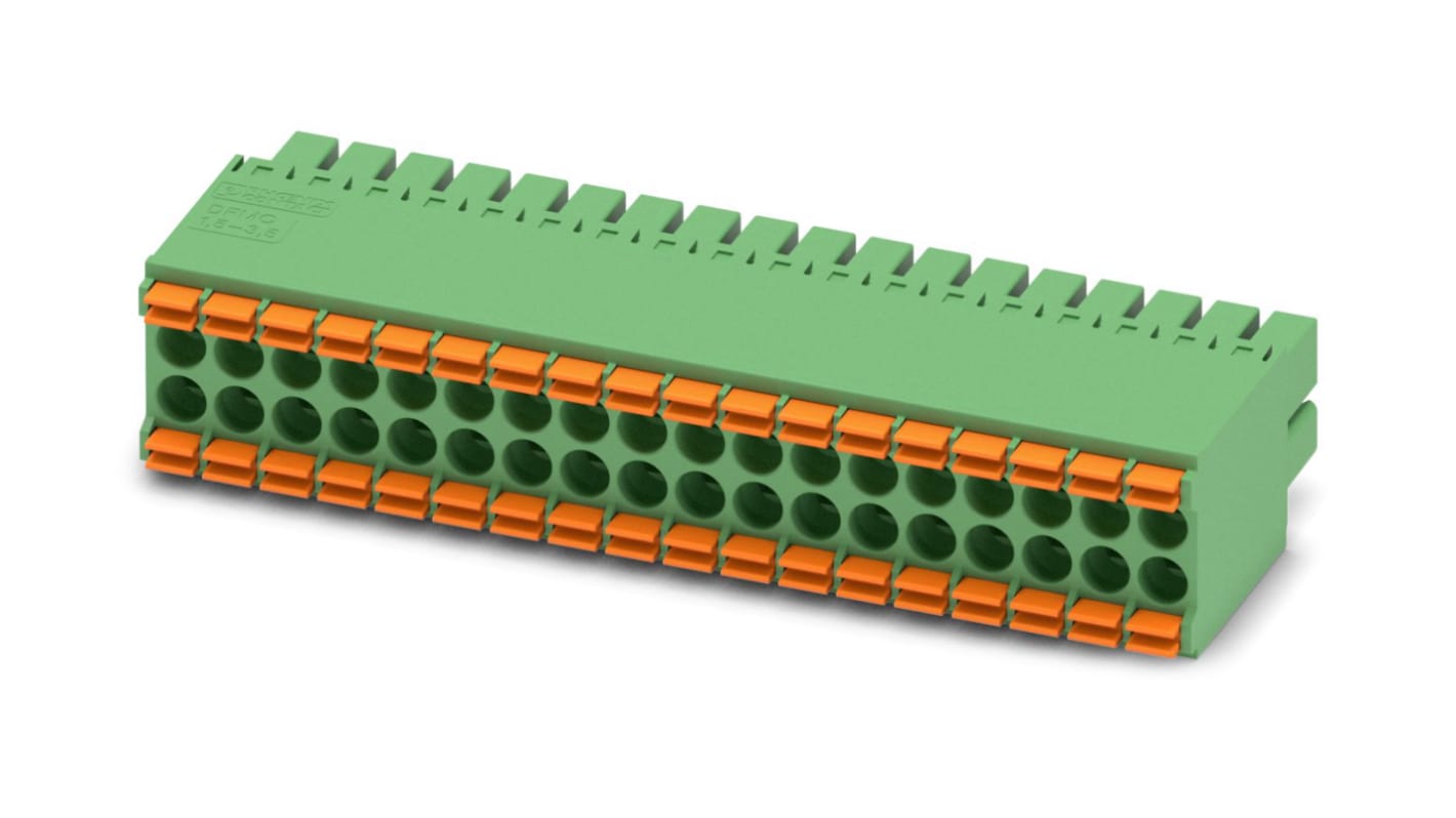 Phoenix Contact, 3.5mm Pitch, DFMC 1.5/18-ST-3.5, 36 Way, Pluggable Terminal Block, Plug, Cable Mount, Spring Cage