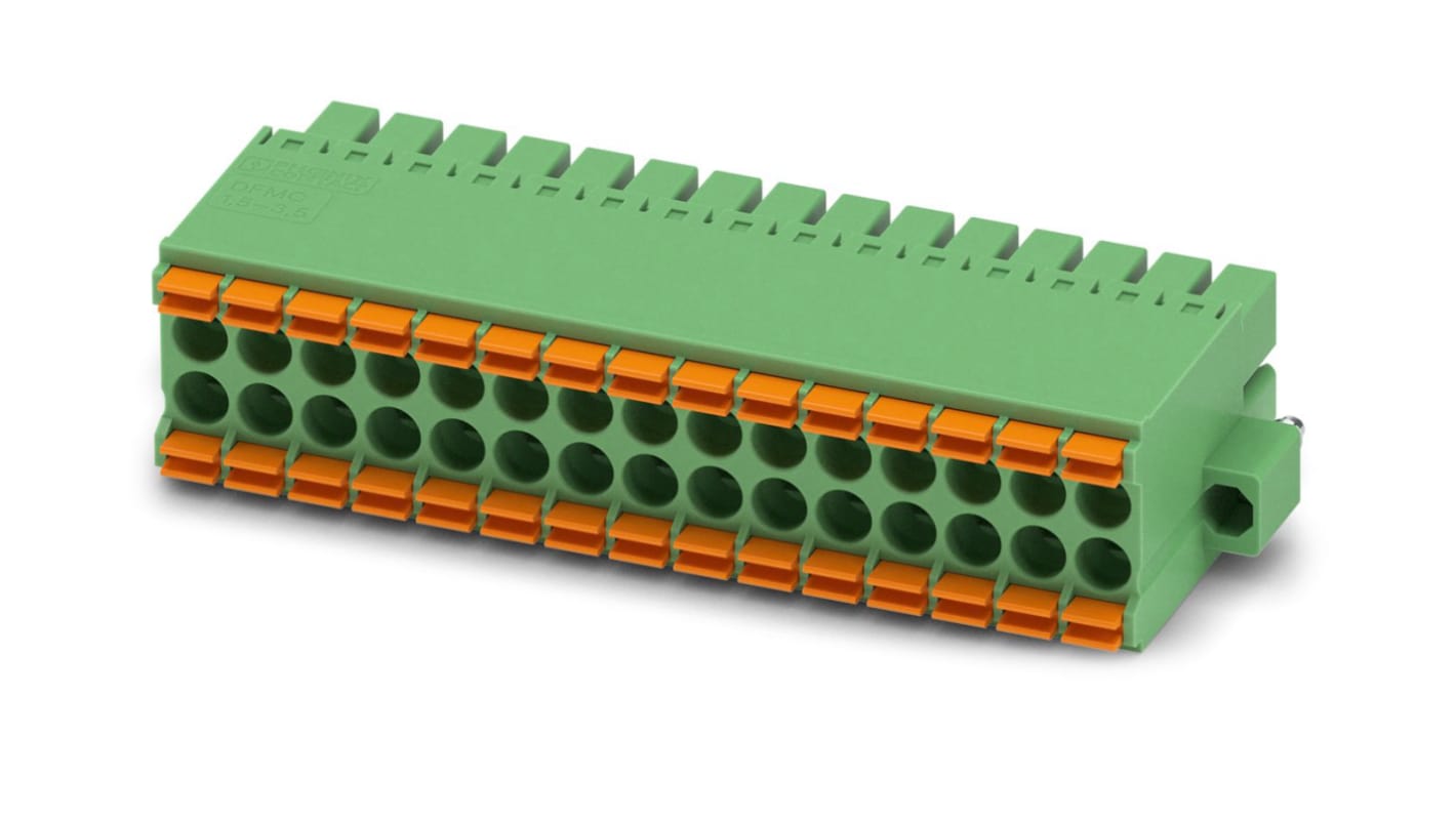 Phoenix Contact, 3.5mm Pitch, DFMC 1.5/15-STF-3.5, 30 Way, Pluggable Terminal Block, Plug, Cable Mount, Spring Cage