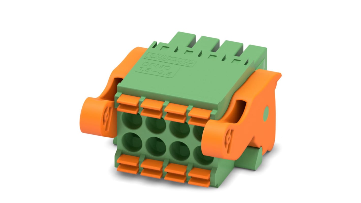 Phoenix Contact, 3.5mm Pitch, DFMC 1.5/ 4-ST-3.5-LR, 8 Way, Pluggable Terminal Block, Plug, Cable Mount, Spring Cage