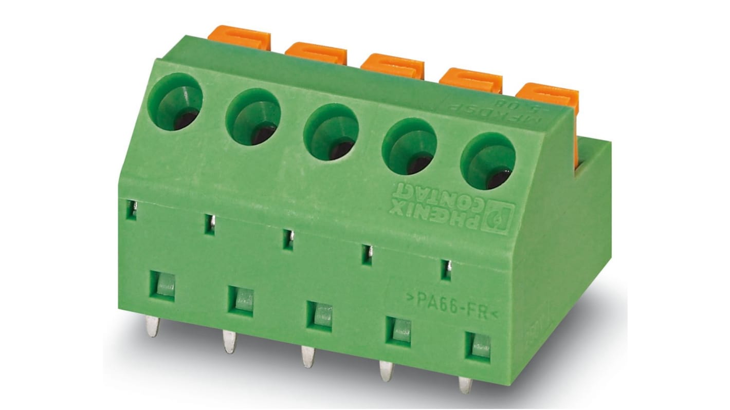 Phoenix Contact PCB端子排, 7p, 5.08mm间距, 12A, 630 V, THT安装, 弹簧架端接, 绿色, MFKDSP/ 7-5.08系列