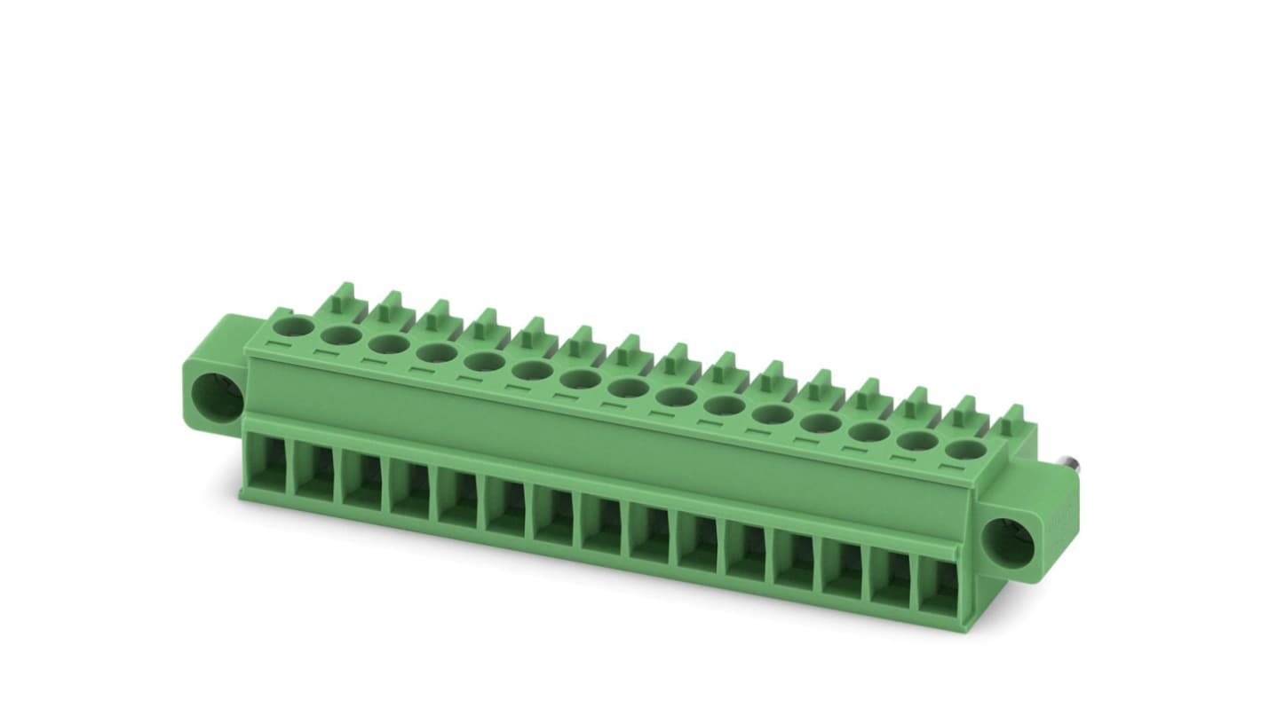 Borne enchufable para PCB Hembra Phoenix Contact de 15 vías, paso 3.5mm, 8A, de color Verde, terminación Tornillo