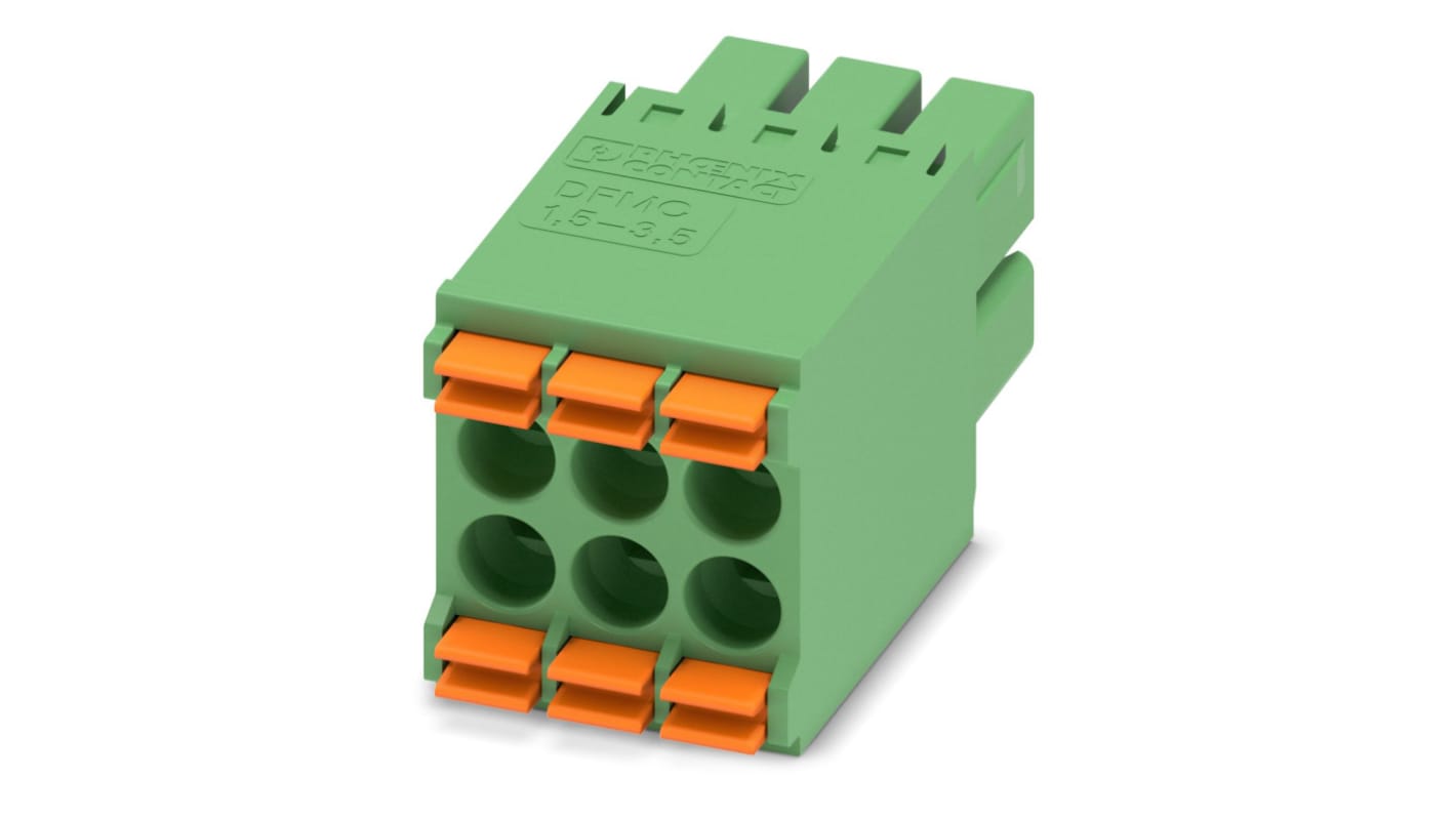 Phoenix Contact, 3.5mm Pitch, DFMC 1.5/ 3-ST-3.5, 6 Way, Pluggable Terminal Block, Plug, Cable Mount, Spring Cage