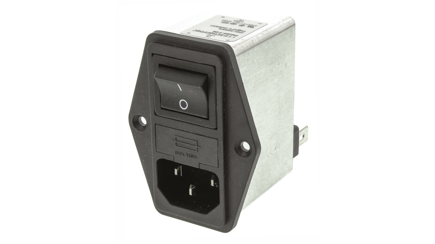 Schaffner 2A, 250 V Male Flange Mount IEC Inlet Filter 2 Pole FN284E-2-06, Faston 2 Fuse