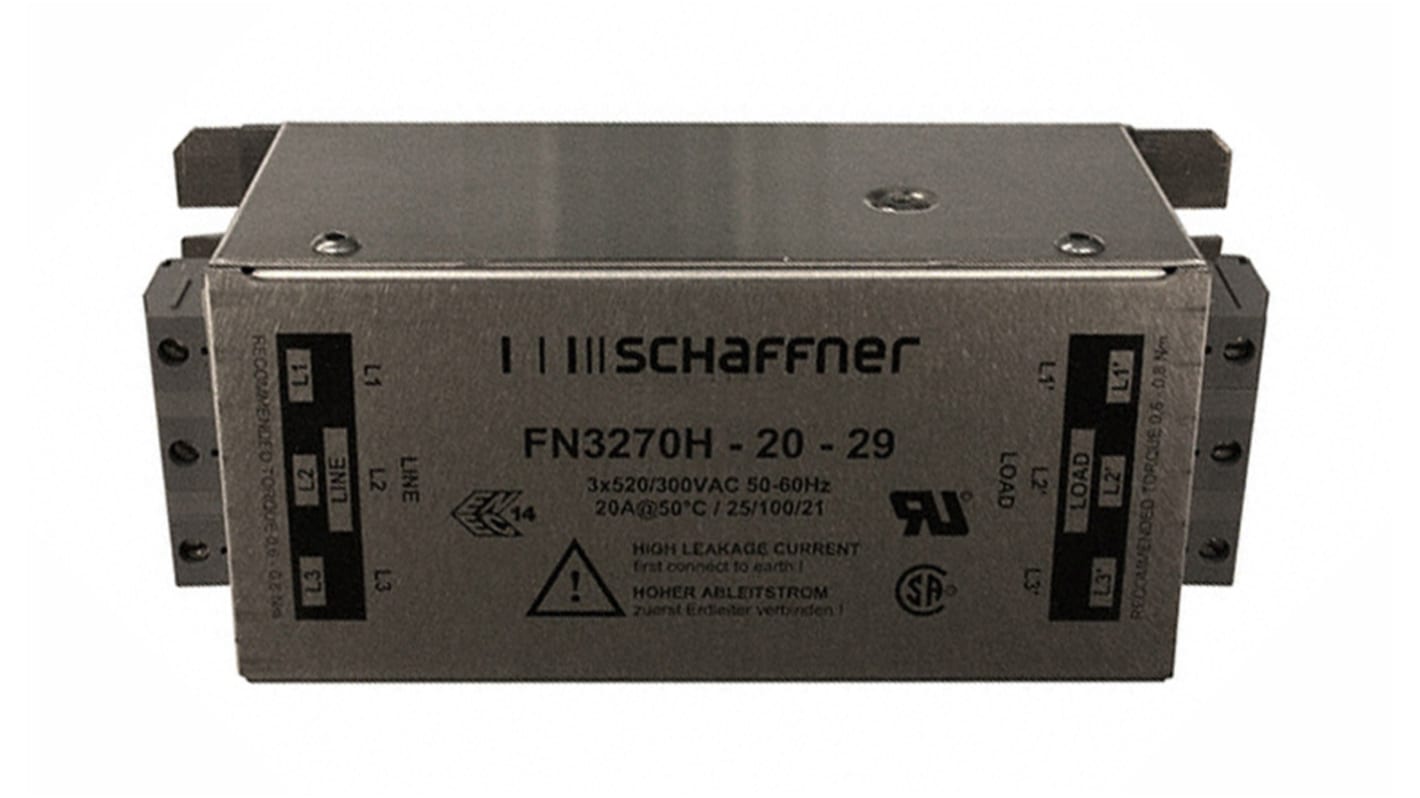 Schaffner, FN3270 20A 3 x 520/300 V ac 0 → 60Hz, Chassis Mount EMI Filter, Terminal Block 3 Phase