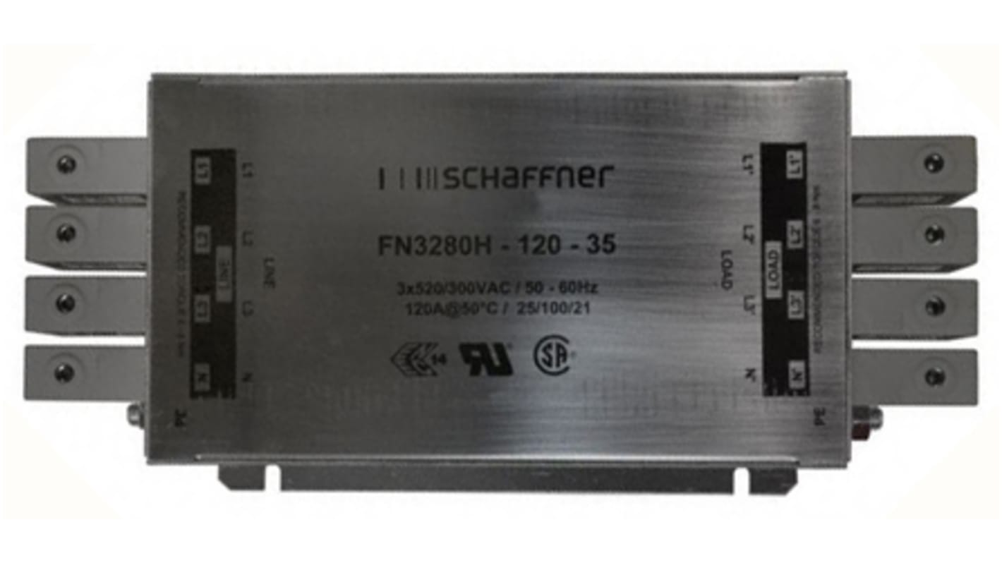 Schaffner, FN 3280 120A 3 x 520/300 V ac 0 → 60Hz, Chassis Mount EMI Filter, Terminal Block 3 Phase