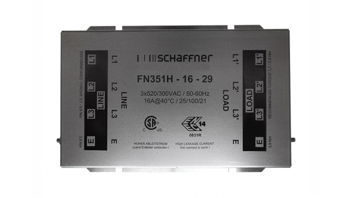 Filtre CEM Schaffner, 16A max, 3 phases, 520/300 Vc.a. max, Montage sur châssis, série FN351