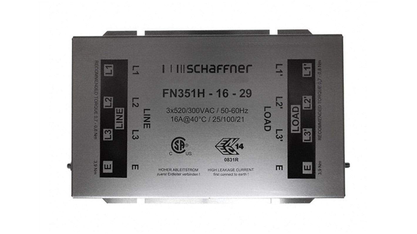 Schaffner, FN351 16A 520/300 V ac 0 → 60Hz, Chassis Mount EMC Filter, Terminal Block 3 Phase