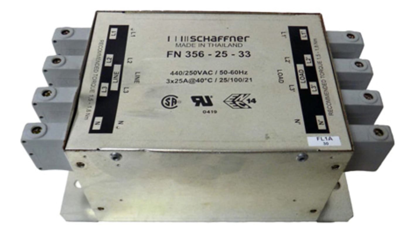 Schaffner, FN356 25A 440/250 V ac 0 → 60Hz, Chassis Mount EMI Filter, Terminal Block 3 Phase