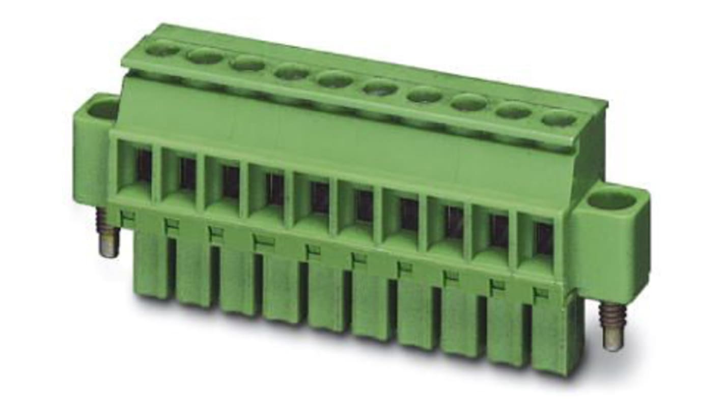 Borne enchufable para PCB Hembra Ángulo recto Phoenix Contact de 9 vías, paso 3.5mm, 8A, de color Verde, montaje de
