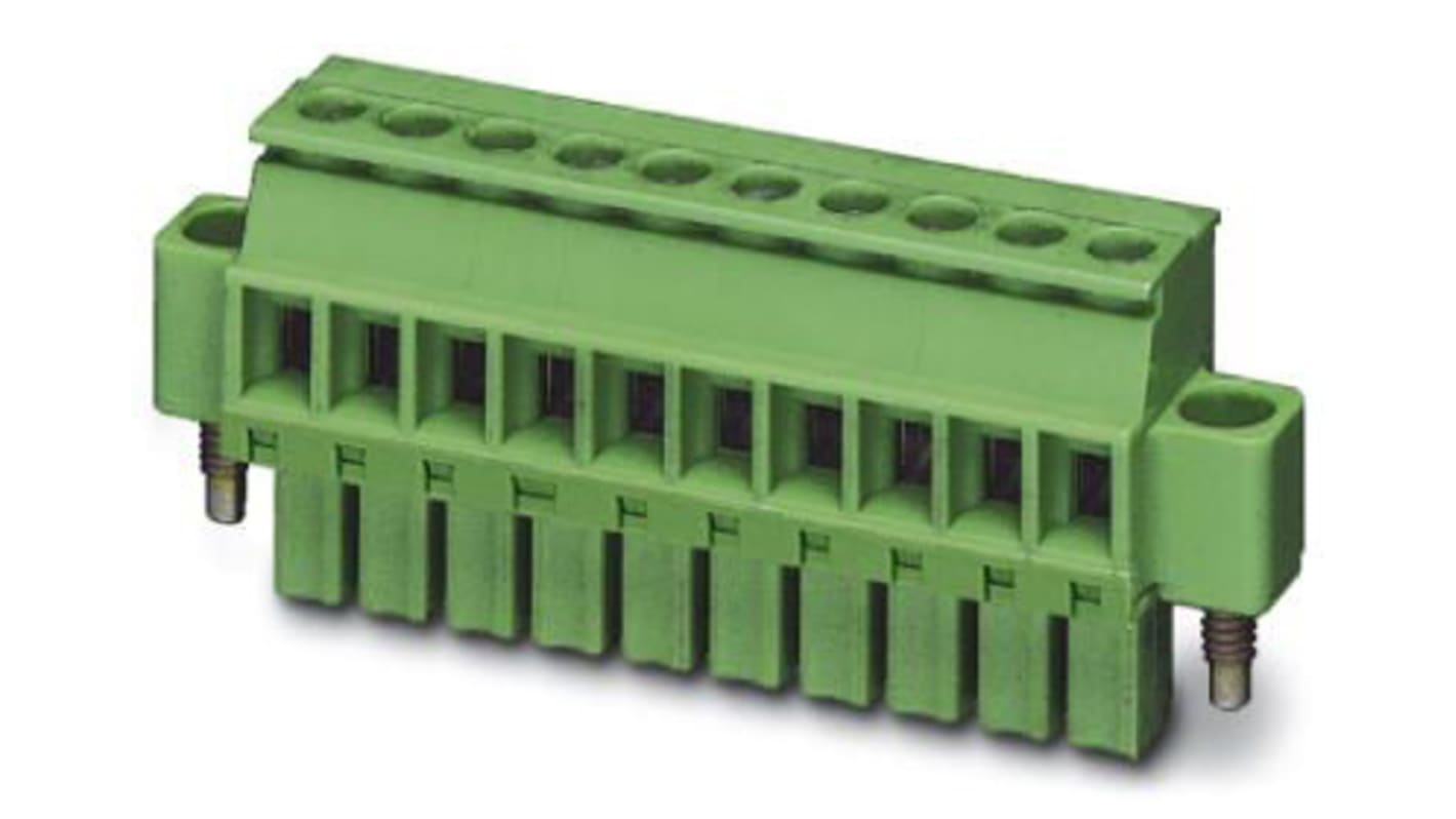 Borne enchufable para PCB Hembra Ángulo recto Phoenix Contact de 7 vías, paso 3.5mm, 8A, de color Verde, montaje de