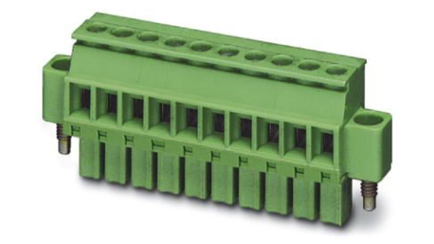 Borne enchufable para PCB Hembra Ángulo recto Phoenix Contact de 10 vías, paso 3.5mm, 8A, de color Verde, montaje de