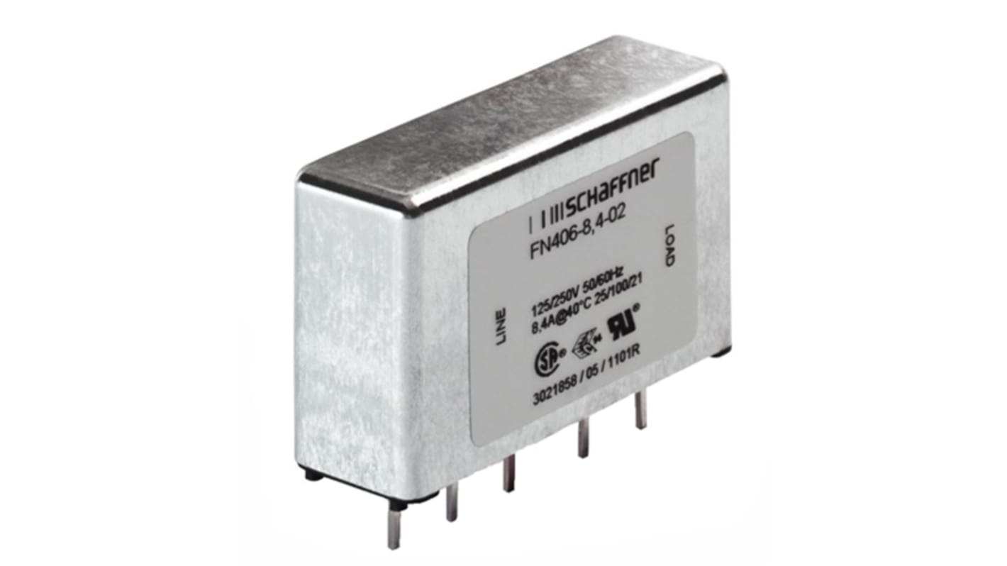 Schaffner, FN406 6A 250 V ac DC → 400Hz, Through Hole RFI Filter, PC Pin, Single Phase
