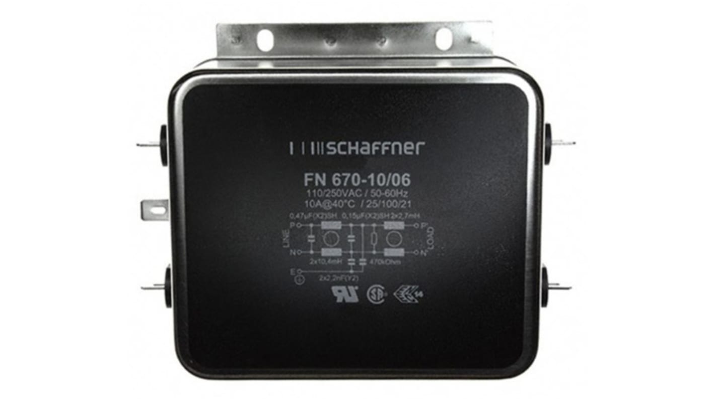 Schaffner, FN670 10A 250 V ac DC to 400Hz, Chassis Mount RFI Filter, Quick Connect, Single Phase