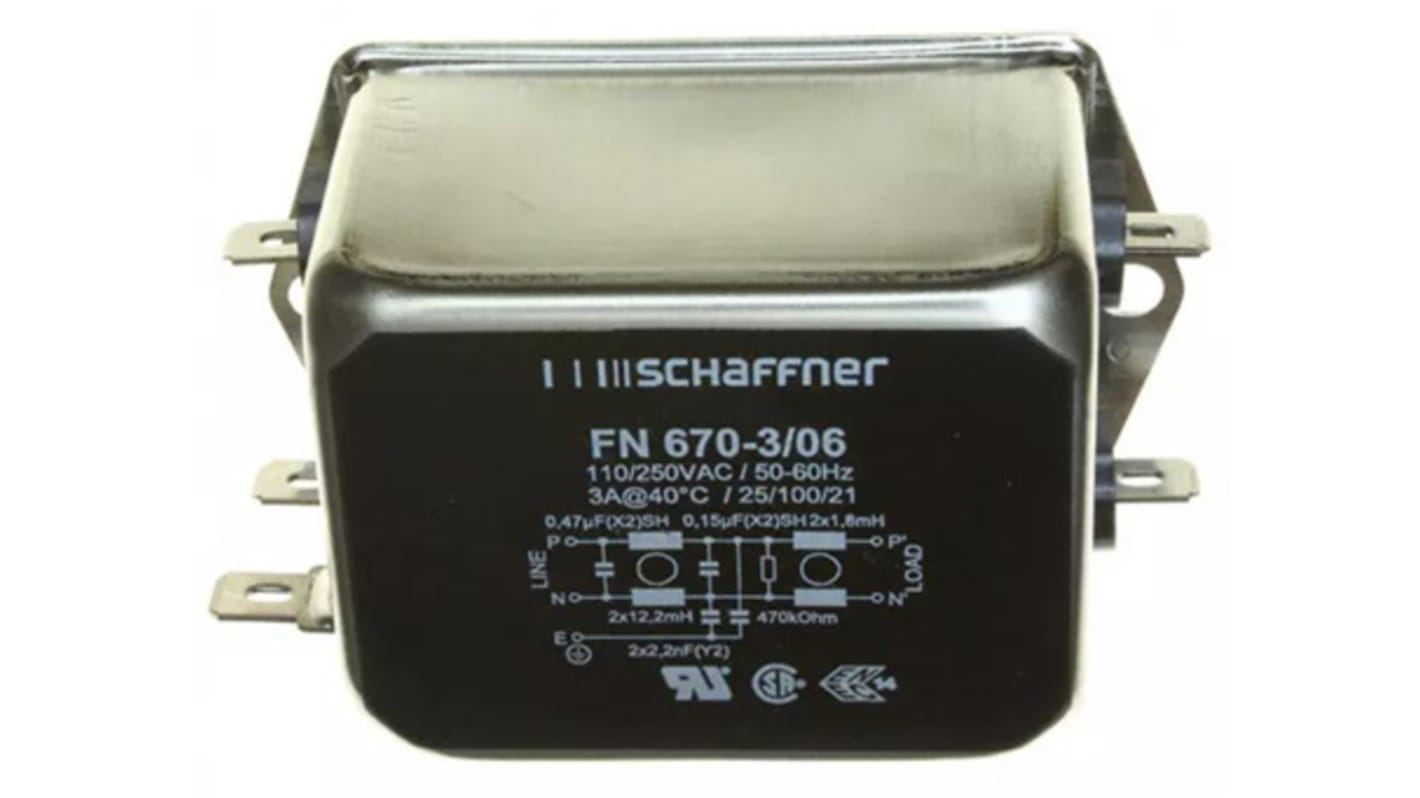 Filtro EMI Schaffner, 3A, 250 V ac, DC → 400Hz 1,8 mH, 12,2 mH, Montaje en Panel, con terminales Conexión rápida