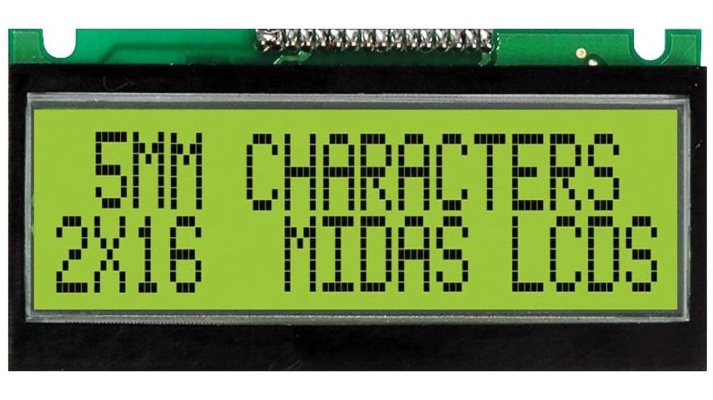 Midas MC21605F6WE-SPTLY F Alphanumeric LCD Display Yellow-Green, 2 Rows by 16 Characters, Transflective