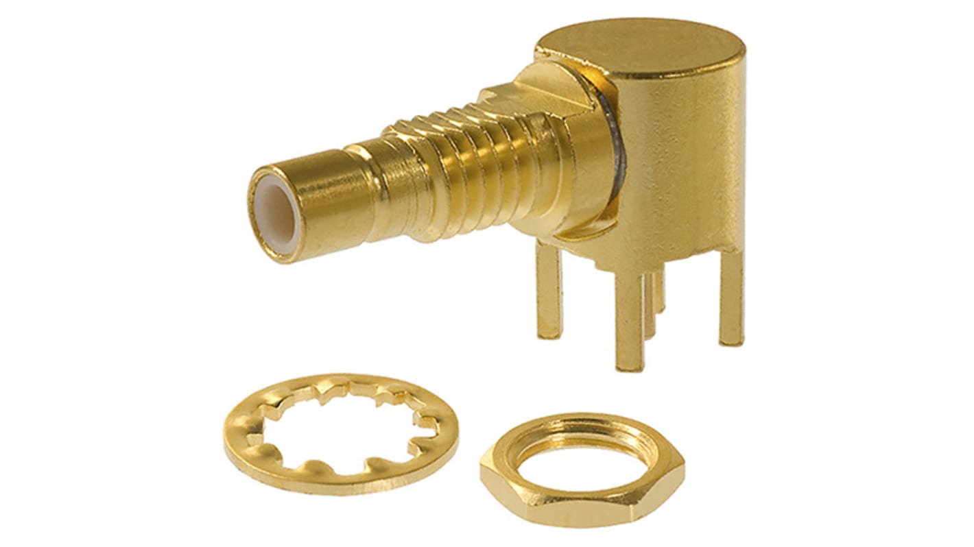 Cinch Connectors SMB Series, jack PCB Mount SMB Connector, 50Ω, Solder Termination, Right Angle Body