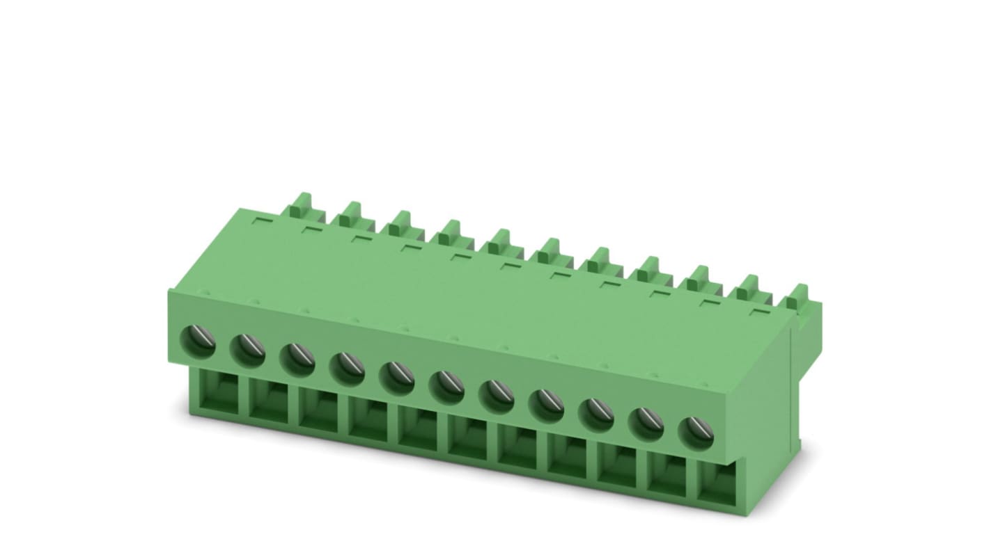 Borne enchufable para PCB Hembra Ángulo recto Phoenix Contact de 11 vías , paso 3.81mm, 8A, de color Verde, montaje de