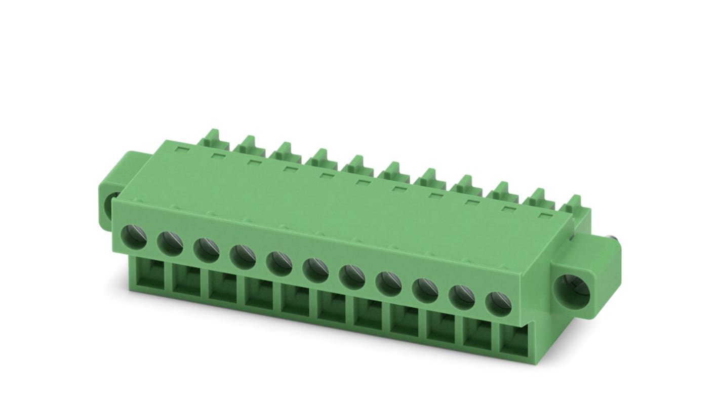 Borne enchufable para PCB Hembra Ángulo recto Phoenix Contact de 11 vías , paso 3.81mm, 8A, de color Verde, montaje de