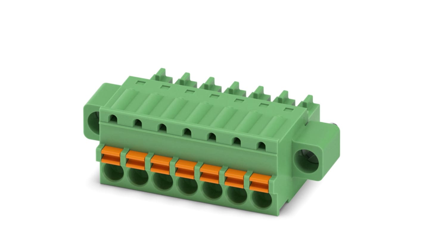 Borne enchufable para PCB Hembra Phoenix Contact de 7 vías, paso 3.81mm, 8A, de color Verde, terminación Mordaza de