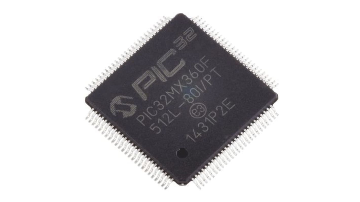 Microchip PIC32MX360F512L-80I/PT, 32bit PIC Microcontroller, PIC32MX, 80MHz, 12 kB, 512 kB Flash, 100-Pin TQFP