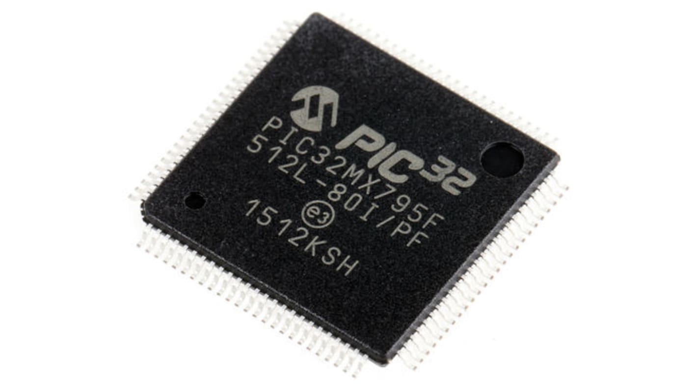 Microchip PIC32MX单片机, MIPS32内核, 100针, TQFP, 最大80MHz, 512 kB 闪存, 128 kB RAM
