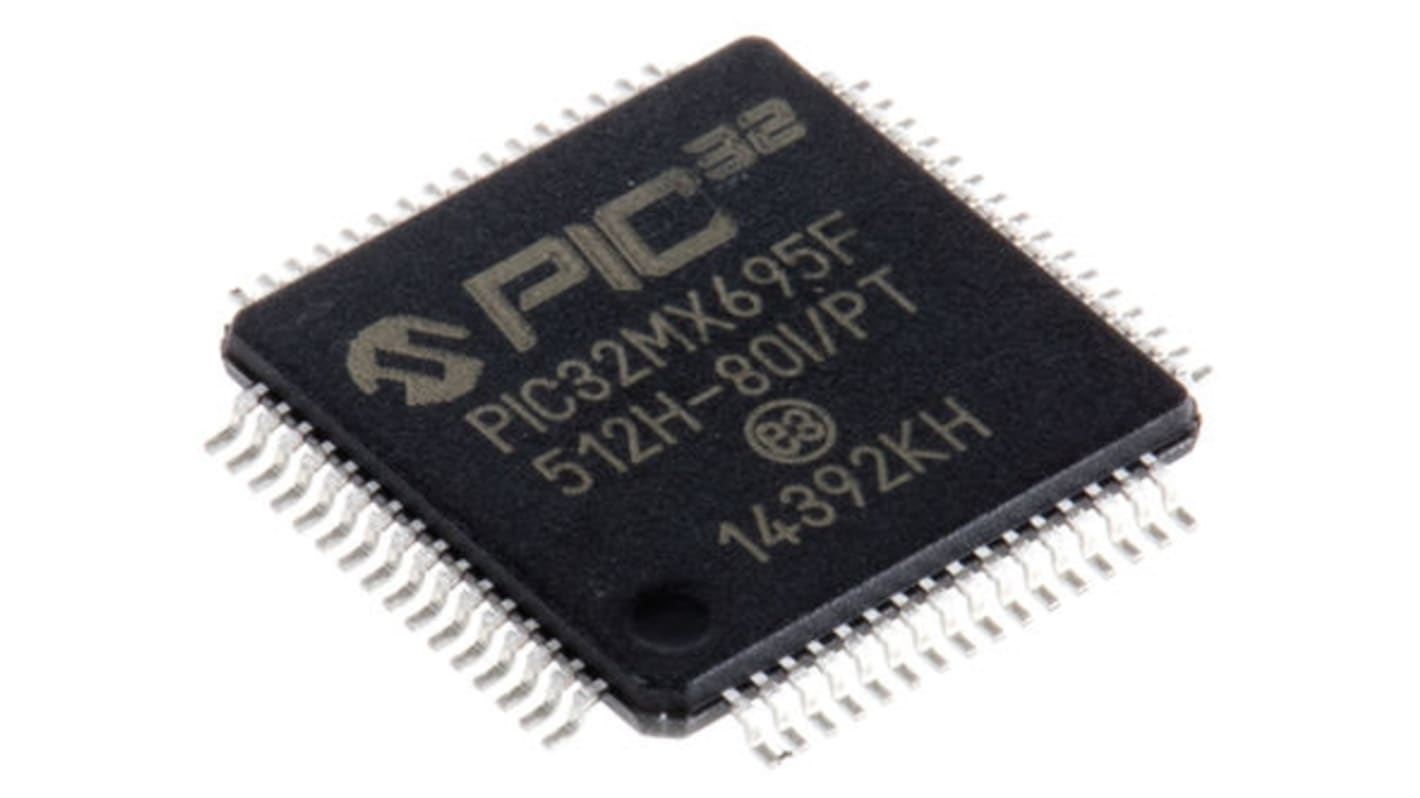 Microcontrôleur, 32bit, 128 Ko RAM, 12 kB, 512 kB, 80MHz, TQFP 64, série PIC32MX