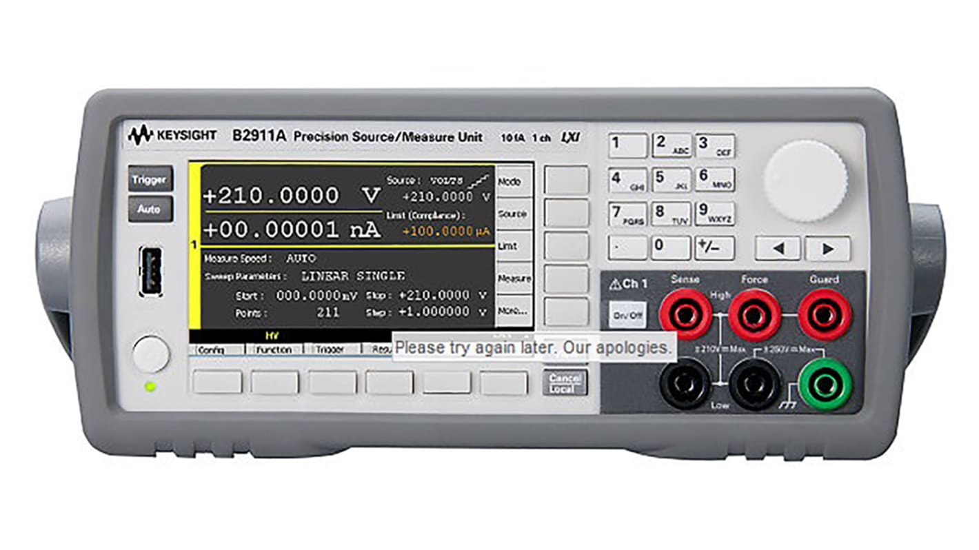 Keysight Technologies B2900A Series Source Meter, 1 μV → 210 V, 1-Channel, 10.5 (Pulsed Output) A, 3 (DC Output)
