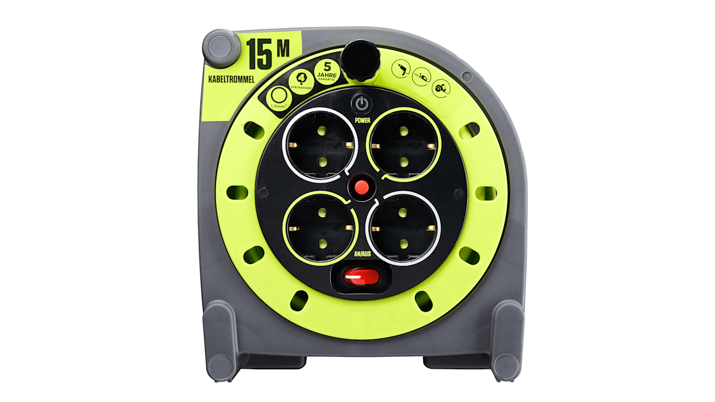 RS PRO 15m 4 Socket Type F German Schuko Cable Reel Open Reel 240 V