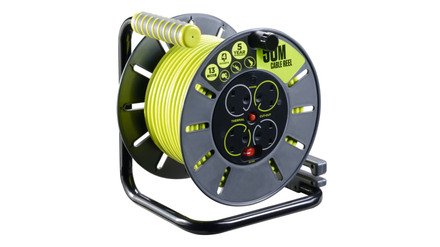 RS PRO 50m 4 Socket Type G - British Cable Reel Open Reel, 240 V