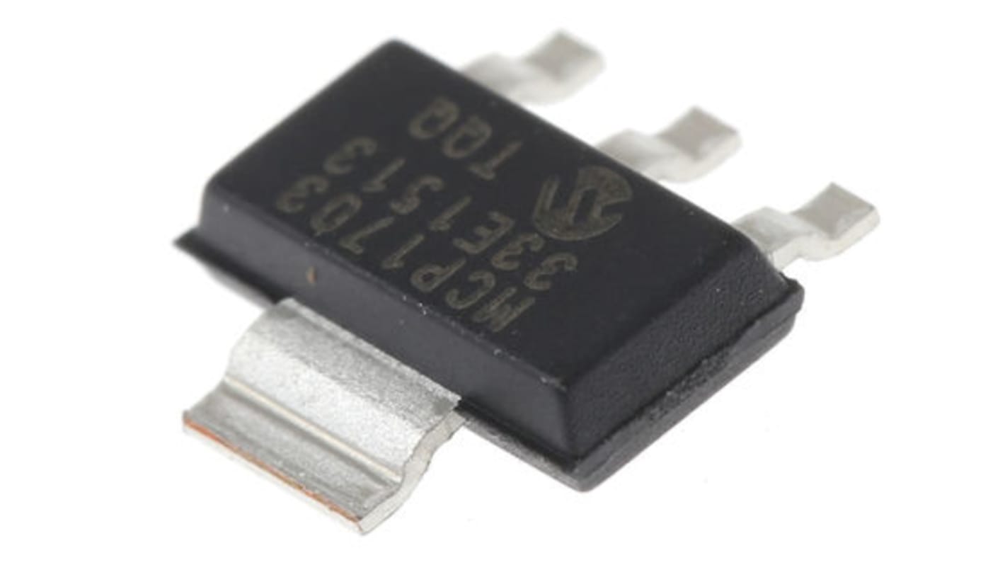 Microchip LDO稳压芯片, 3.3 V输出, 250mA最大输出, 单路输出, SOT-223, 3+Tab针, 贴片安装, -40 °C→+125 °C, ±2%精度