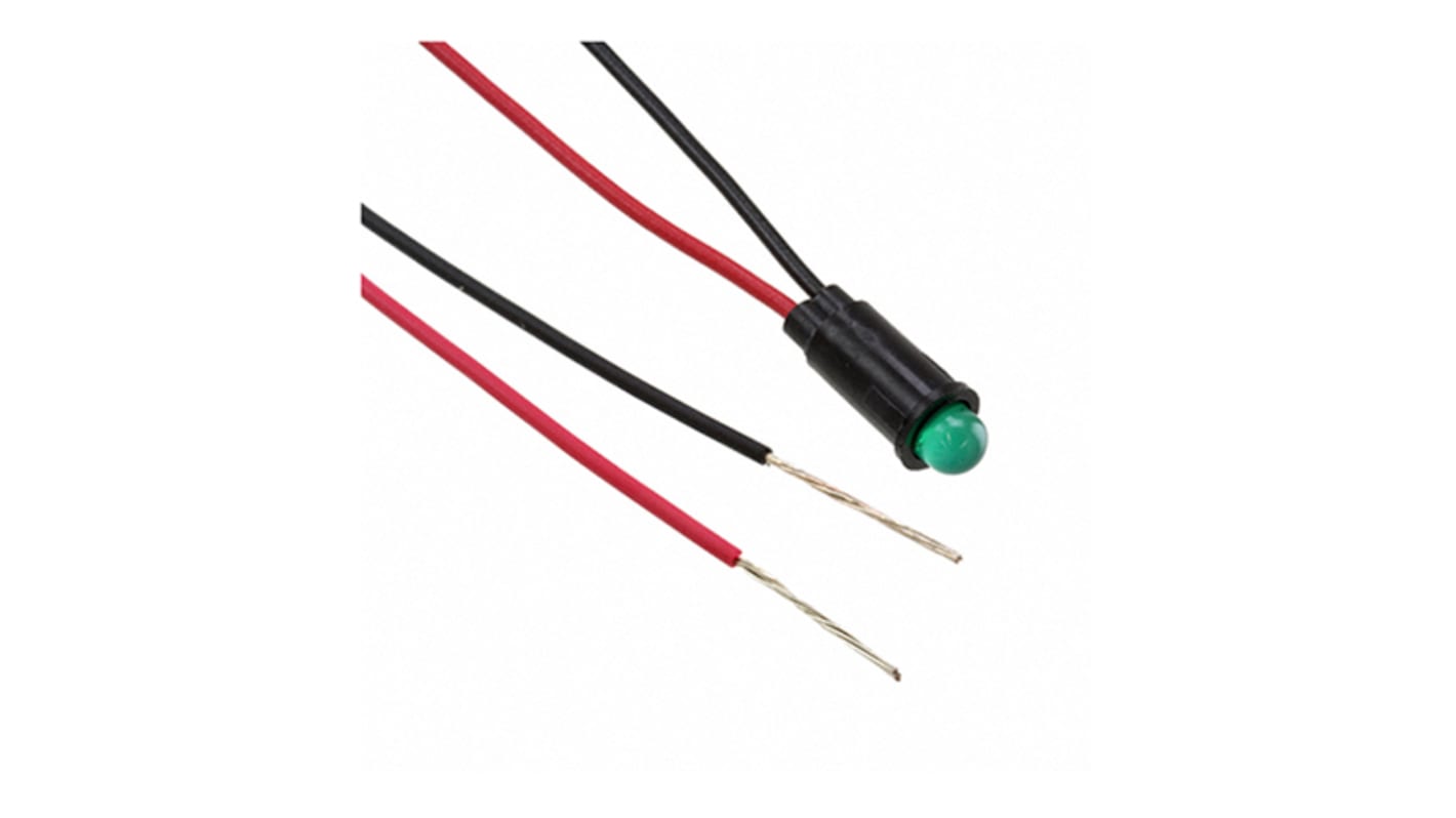 Dialight Green Indicator, 12V dc, 6.4mm Mounting Hole Size, Lead Wires Termination