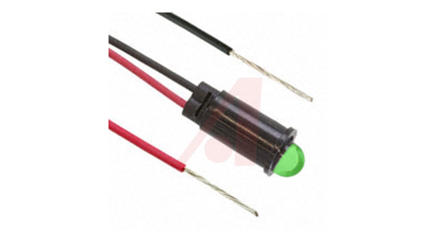 Dialight Green Indicator, 12V dc, 6.4mm Mounting Hole Size, Lead Wires Termination