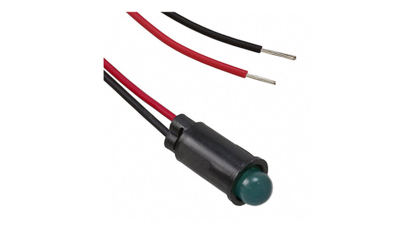 Dialight Green Indicator, 1.8V dc, 6.4mm Mounting Hole Size, Lead Wires Termination