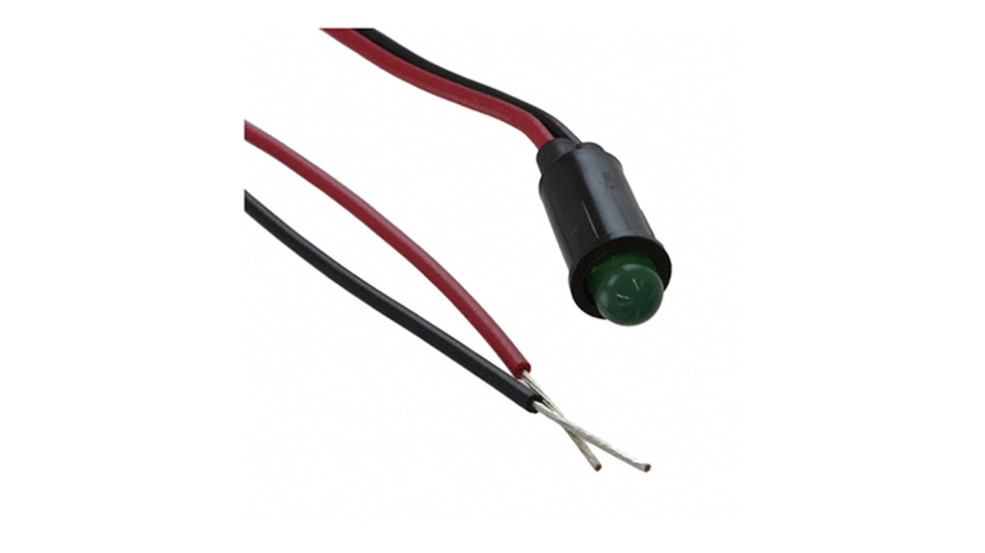 Dialight Green Indicator, 2.1V dc, 6.4mm Mounting Hole Size, Lead Wires Termination