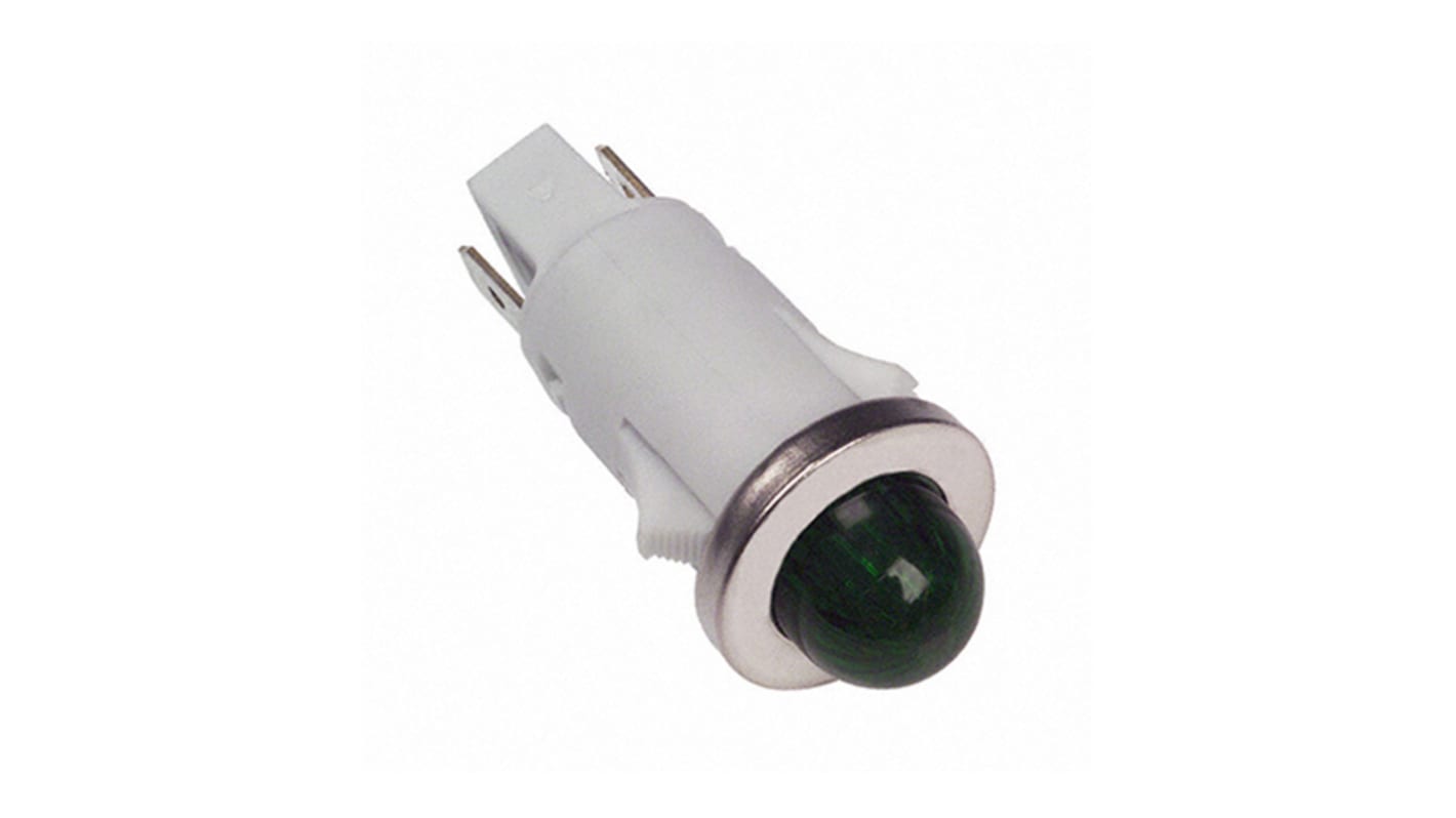 VCC LED指示灯泡, 绿色, 引脚针灯座, Φ12.7mm, 36.83mm长, 12 → 24 V dc, 22 → 32V 交流