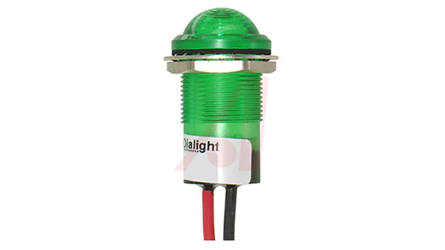 Dialight Green Indicator, 24V dc, 17.5mm Mounting Hole Size, Lead Wires Termination, IP67