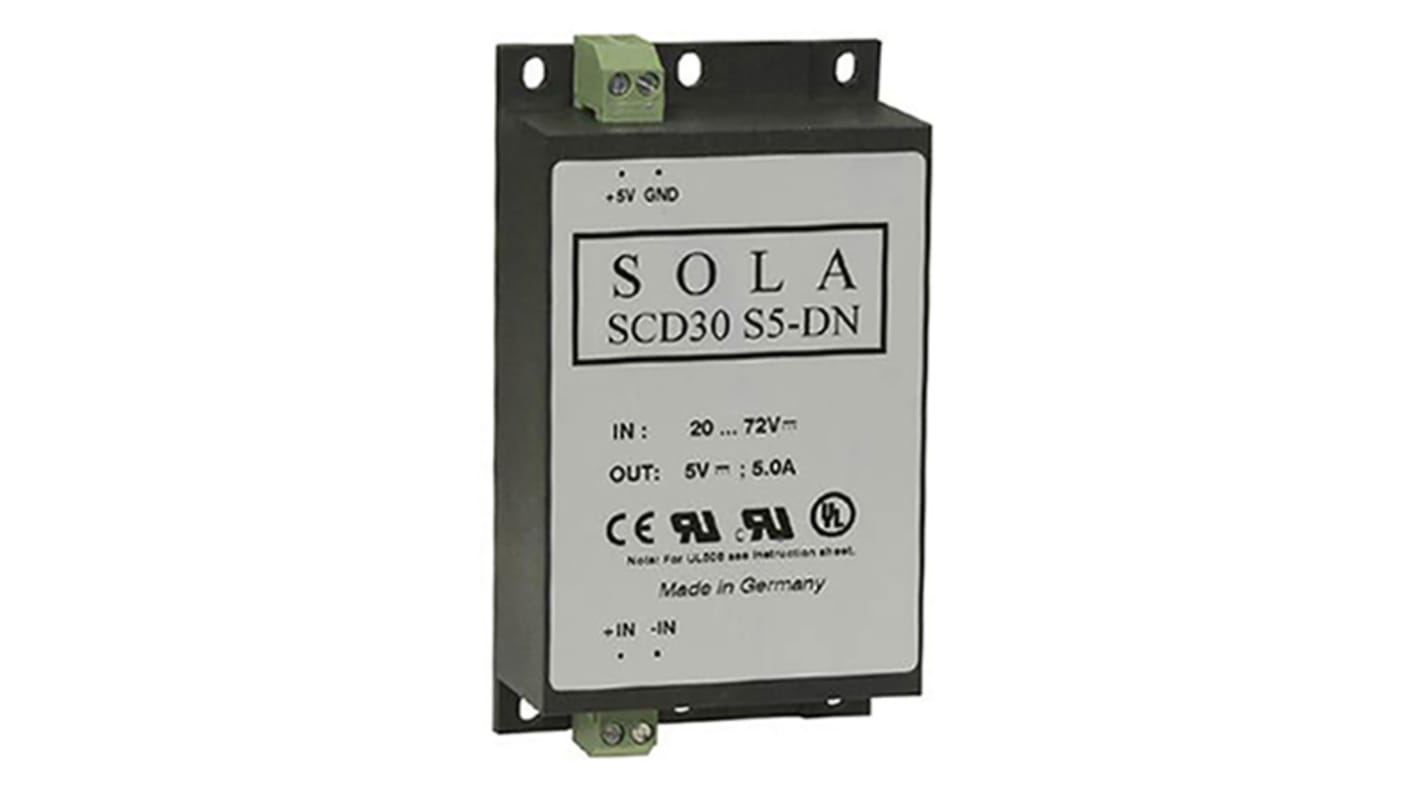 SolaHD SCD Non-Isolated DC-DC Converter, 5V dc/ 5A Output, 20 → 72 V dc Input, 30W, Chassis Mount, DIN Rail