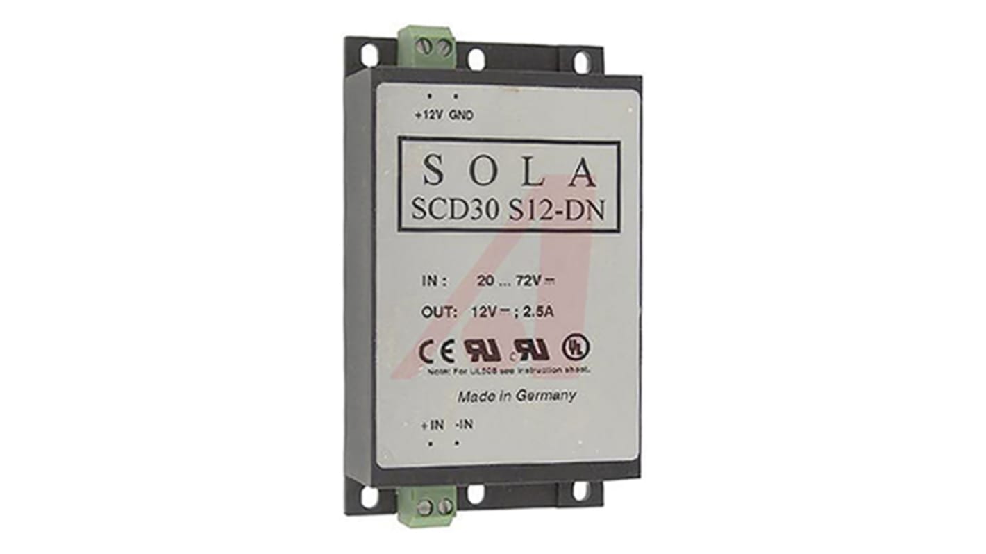 SolaHD SCD Non-Isolated DC-DC Converter, 12V dc/ 2.5A Output, 20 → 72 V dc Input, 30W, Chassis Mount, DIN Rail