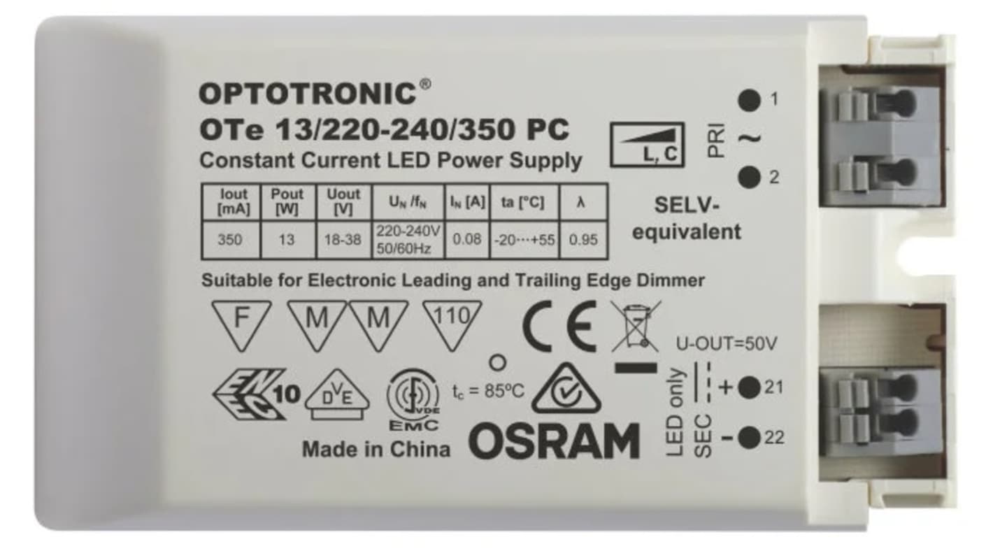 Módulo para Driver LED corriente constante Osram, IN: 198 → 264 V CA, OUT: 18 → 38V, 350mA, 13W,