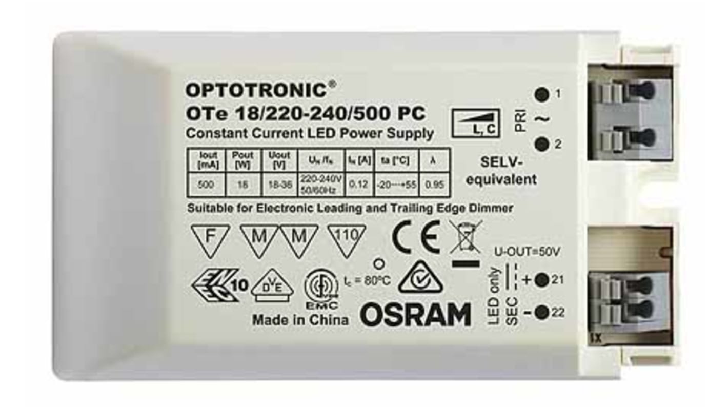 Osram LED Driver, 18 → 36V Output, 18W Output, 500mA Output, Constant Current Dimmable