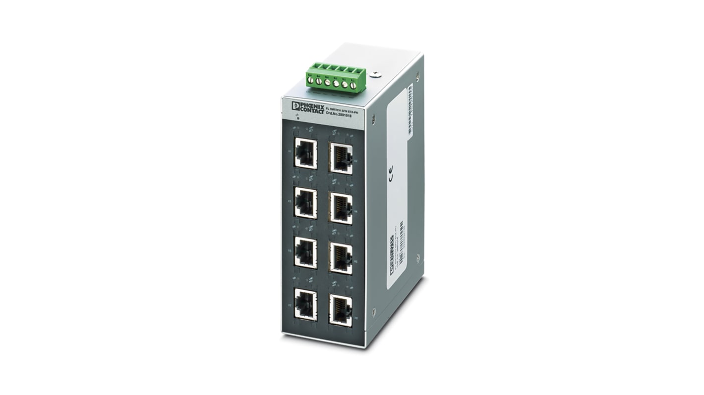 Phoenix Contact FL SWITCH SFN 8TX-PN Series DIN Rail Mount Ethernet Switch, 8 RJ45 Ports, 100Mbit/s Transmission, 24V dc