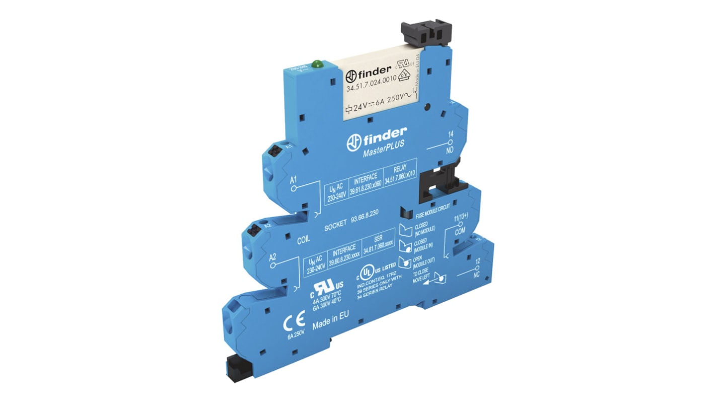 Finder 39 Series Interface Relay, DIN Rail Mount, 240V ac/dc Coil, SPDT, 1-Pole